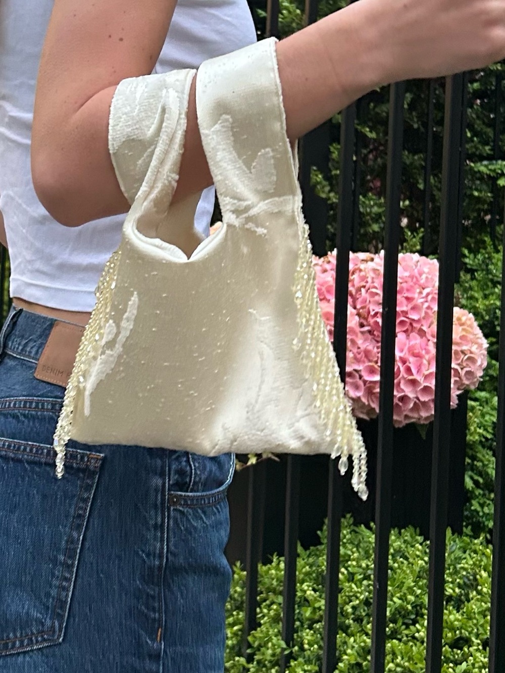 Handmade Elegant Cream Beaded Satin Handbag